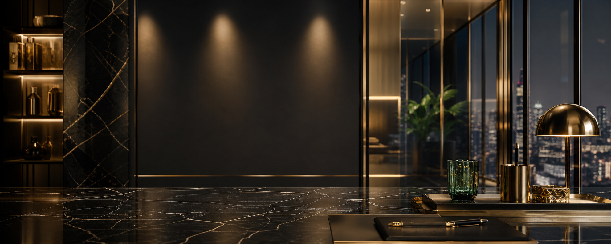 Luxury executive portfolio background with glass, marble, gold, and city lights